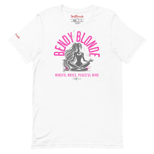 flatlay of white unisex graphic slogan t-shirt with 'BENDY BLONDE' in bright pink Adventurer06 font in a semi circle above a yoga posing cross-legged sitting women with the words 'mindful moves, peaceful mind' written underneath and signed RedBlonde. Branded RedBlonde London in red on inside neck and right sleeve 