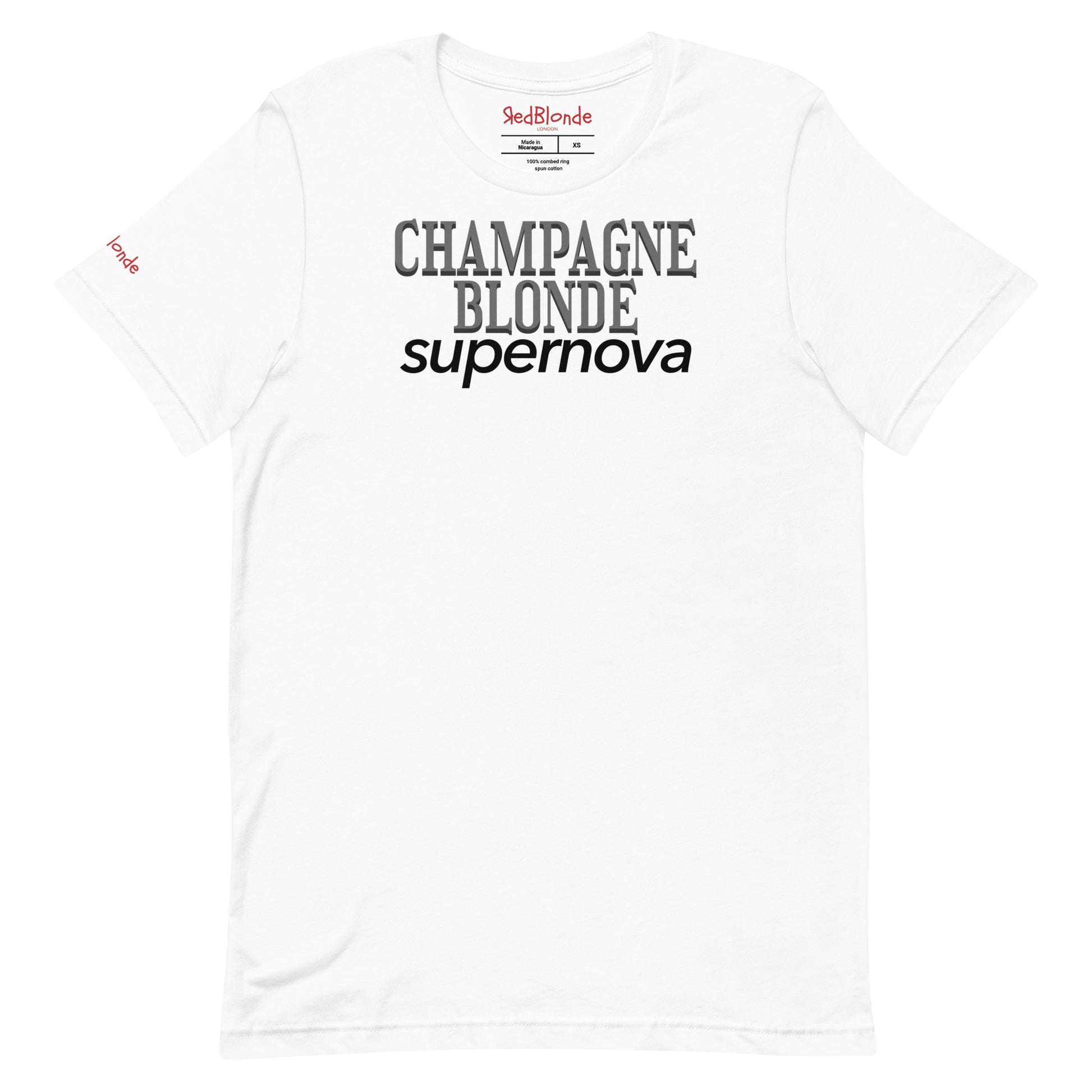 flatlay of white unisex t-shirt with the words 'CHAMPAGNE BLONDE' in grey Girasoll font with 'supernova' underneath  in black. Branded RedBlonde in Red on inside neck and right sleeve