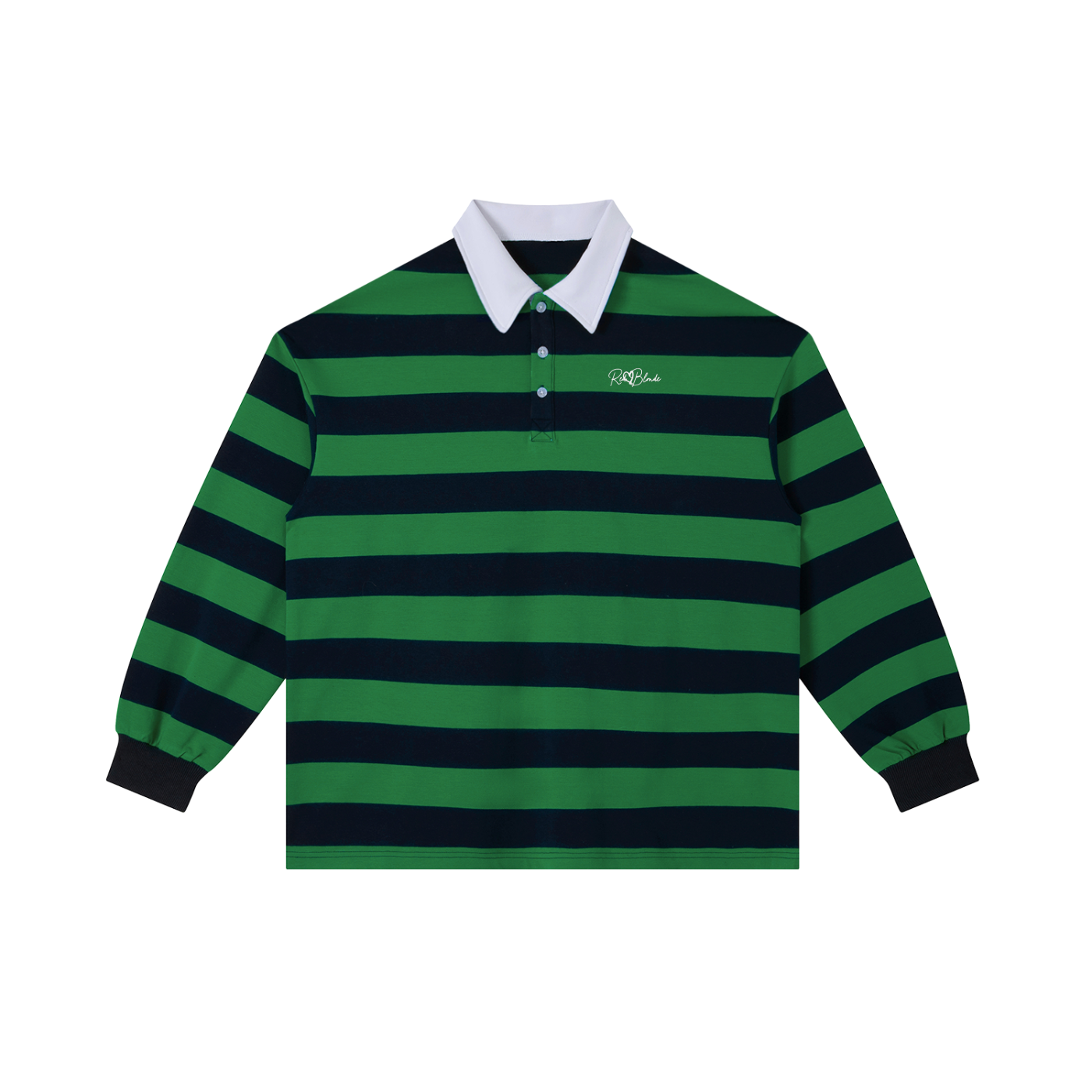 Green and navy striped long-sleeve rugby shirt with a white collar, featuring a small RedBlonde logo printed on the left chest 