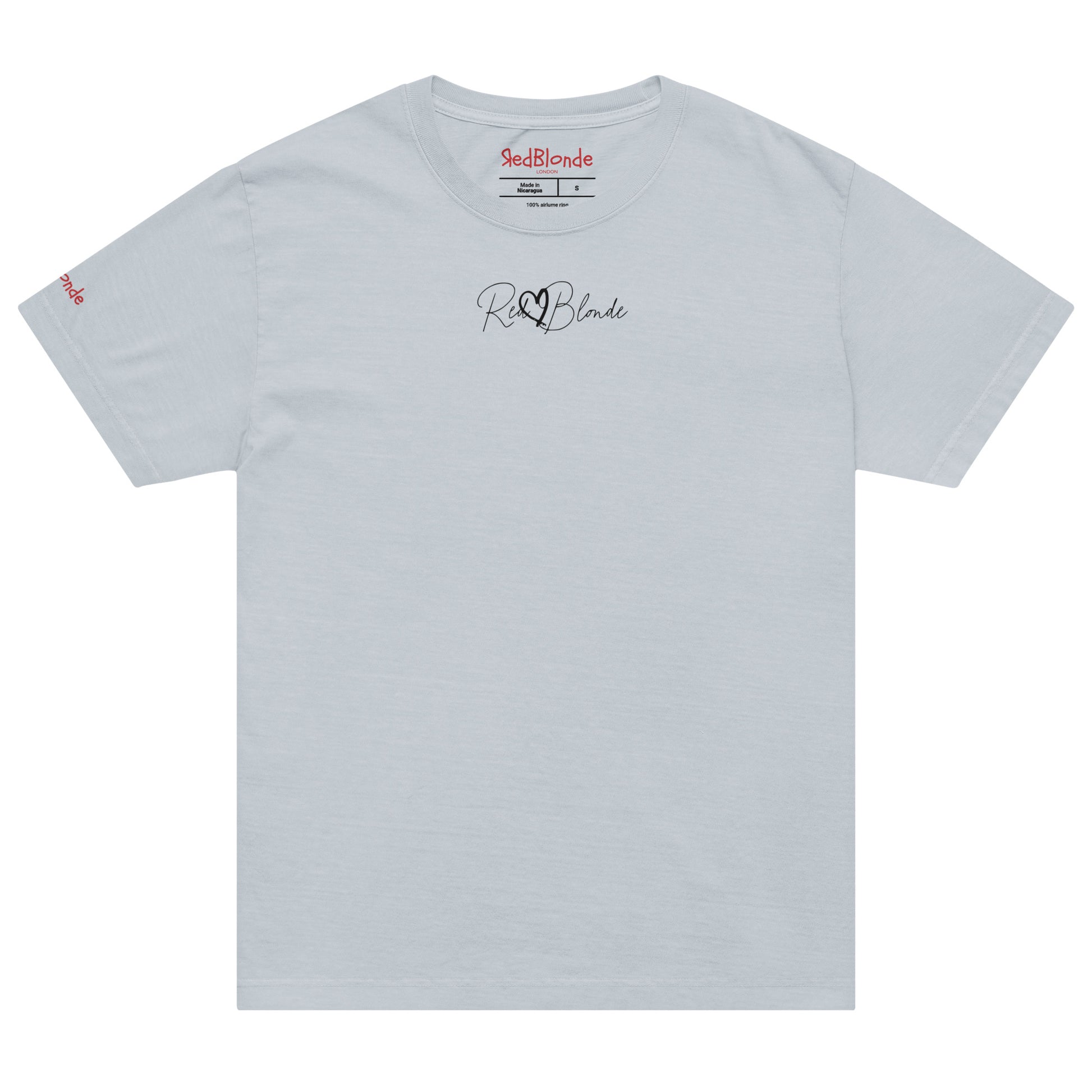 Front view of Dirty Red pale blue vintage wash oversized t-shirt with RedBlonde signature logo on fron. Branded RedBlonde on sized neck and right sleeve