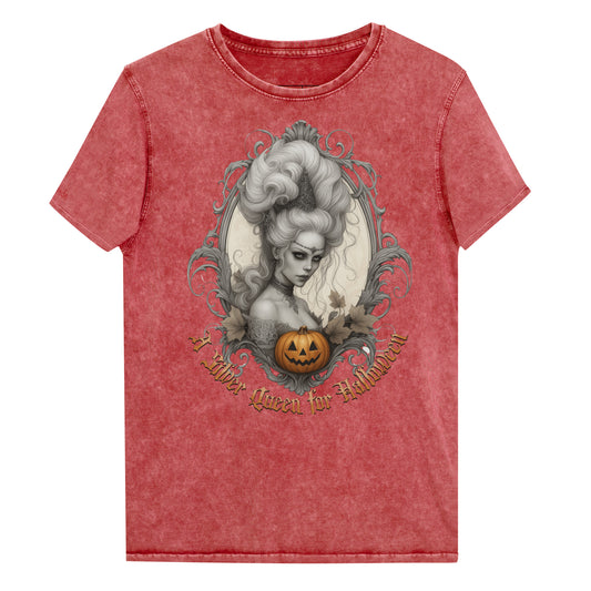 Garnet Red acid-wash unisex T-shirt featuring a gothic-style illustration of a silver-haired woman with an elaborate beehive hairstyle, framed by ornate scrollwork, autumn leaves, and a carved pumpkin. The design is captioned with the text ‘A Silver Queen for Halloween’ in vintage Dark Angle lettering. Branded RedBlonde in red on inside neck and right sleeve