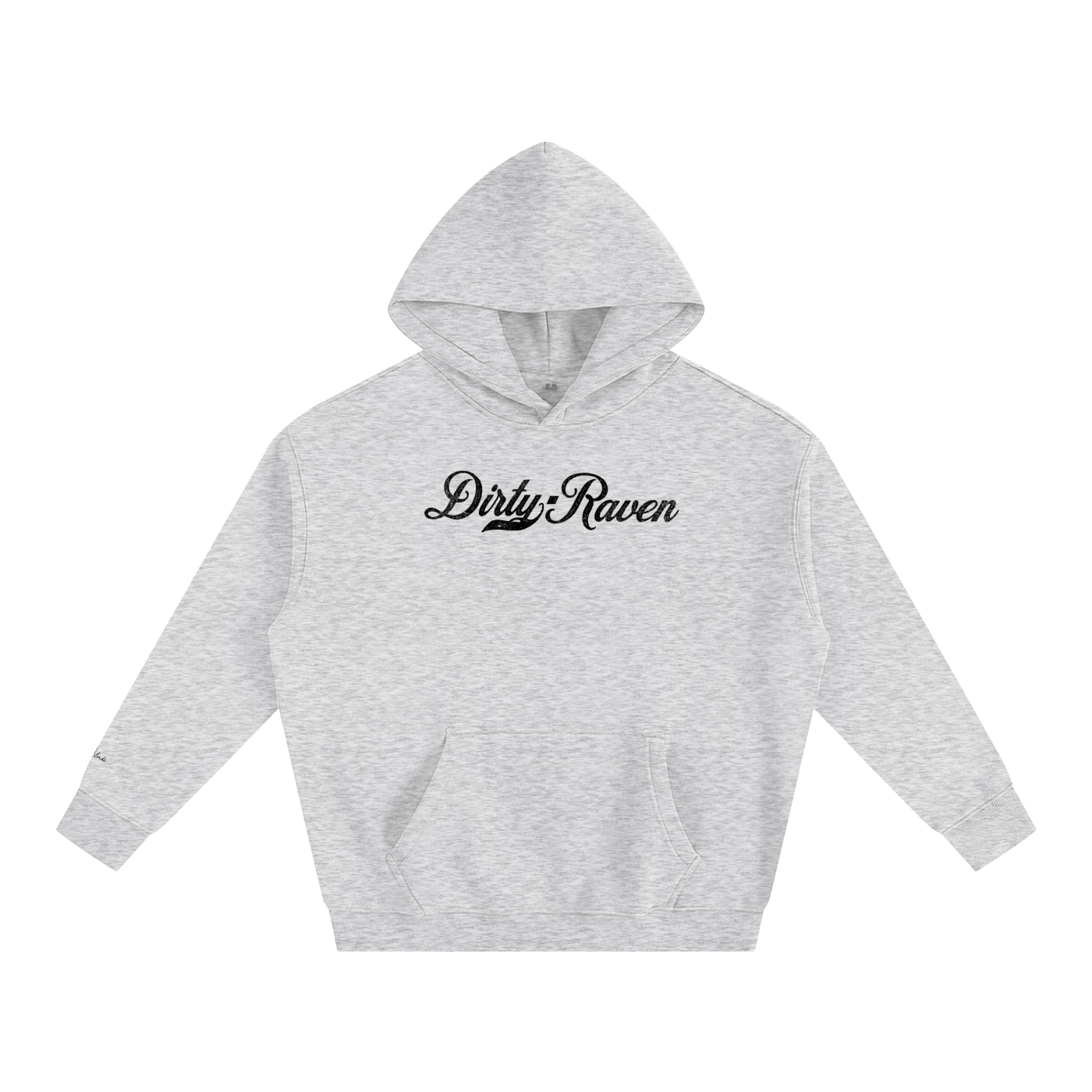 A gray pullover hoodie laid flat on a white background. It has a kangaroo front pocket and ribbed cuffs and hem. Across the chest is black Milkstore 01 script text reading “Dirty Raven.”