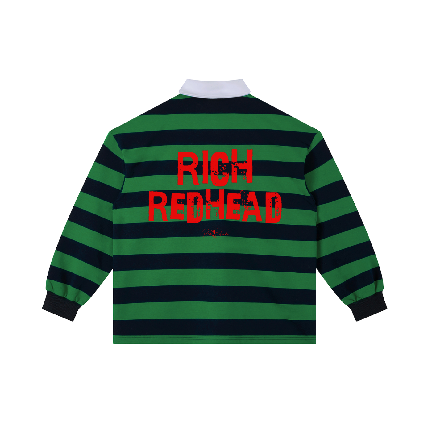 An image showing the back of a long-sleeved rugby polo shirt featuring a pattern of alternating horizontal green and navy stripes. The center of the back displays the words "RICH REDHEAD" in large, distressed Ed Gein red block lettering, with a smaller signature-style logo printed directly underneath. The shirt is finished with a solid white collar and matching white ribbed cuffs.