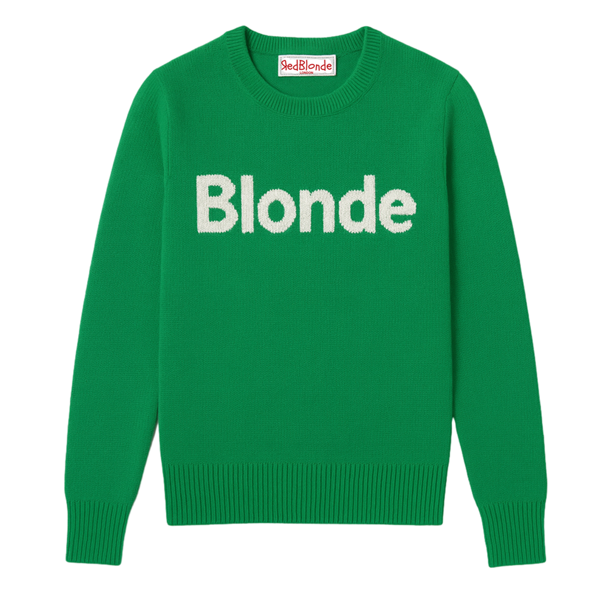 Emerald Green cashmere jumper with ‘Blonde’ knitted across the chest in white