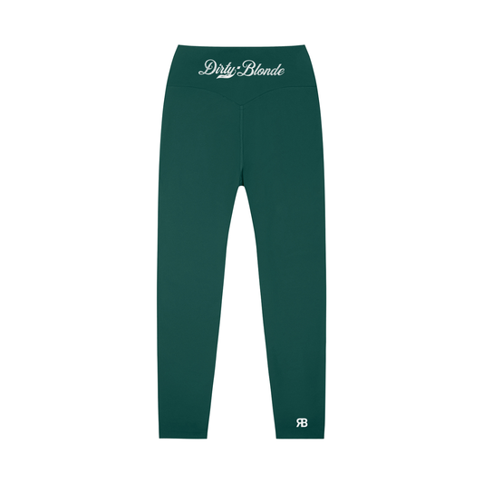 Green high-waisted leggings with Dirty Blonde Milkstore script logo on the back waistband and RB logo at the lower leg.
