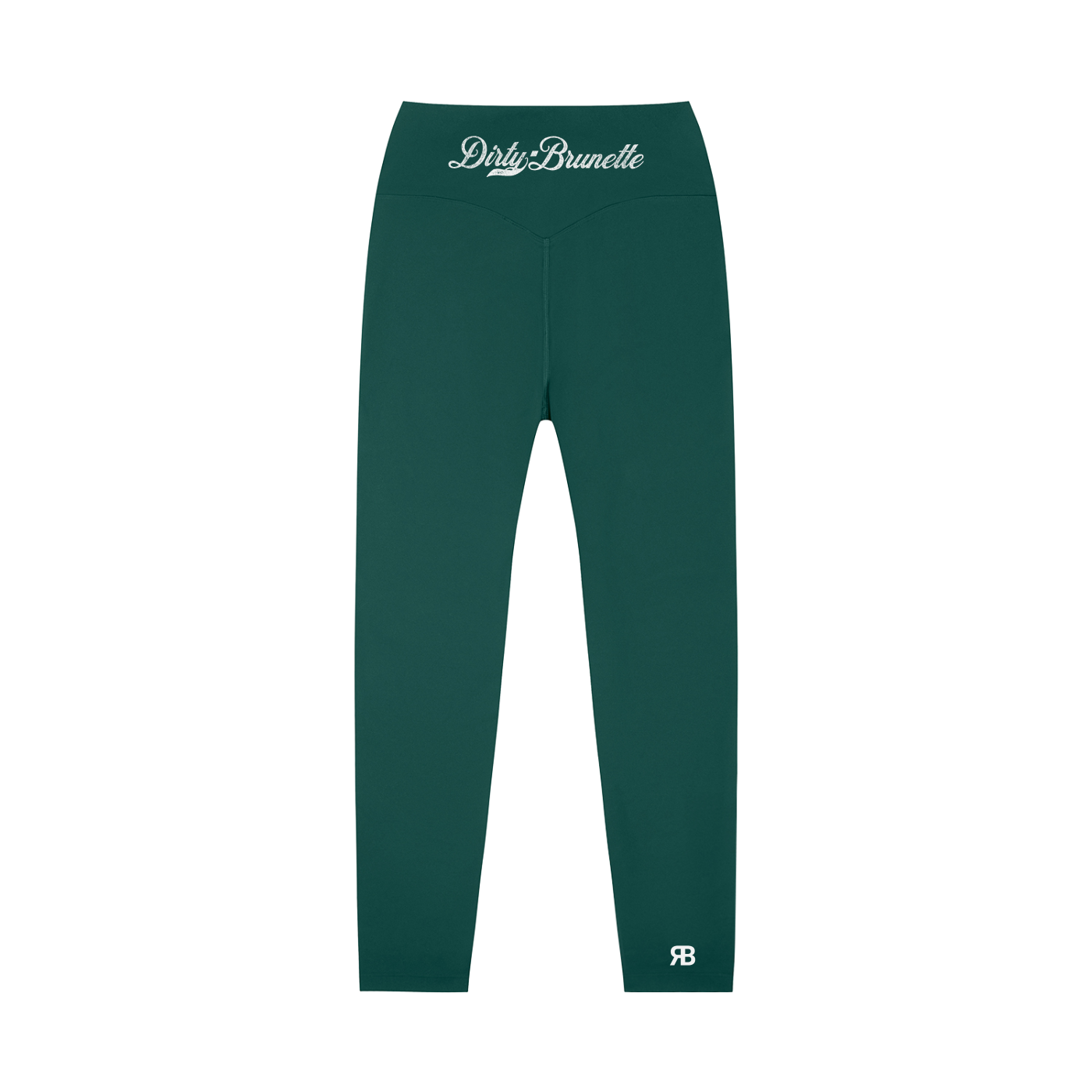 Green high-waisted leggings with Dirty Brunette Milkstore script logo on the back waistband and RB logo at the lower leg.