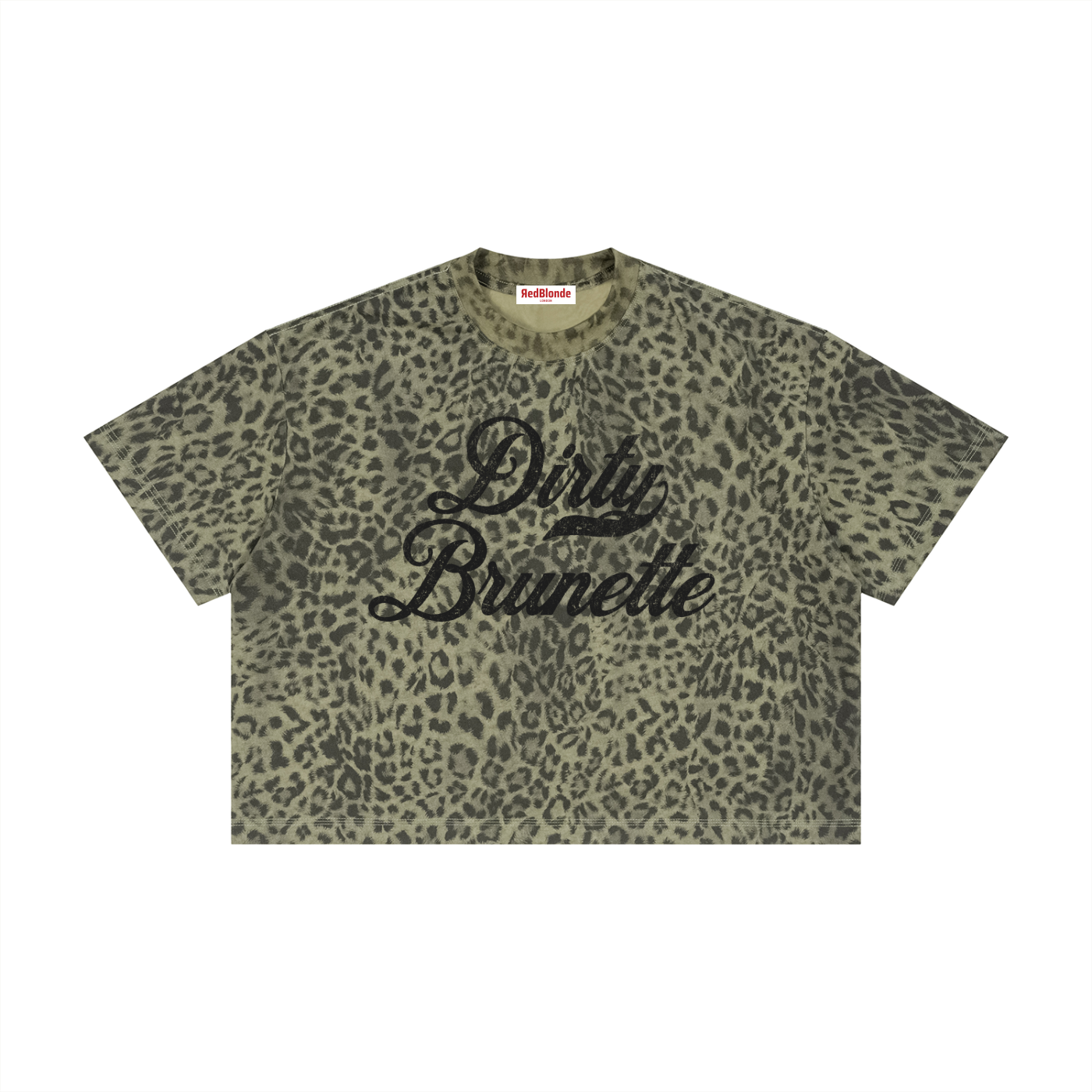 green boxy T-shirt with an all-over animal print, contrasting ribbed crew neckline, and faded black Dirty Brunette Milkstore script graphic across the front.