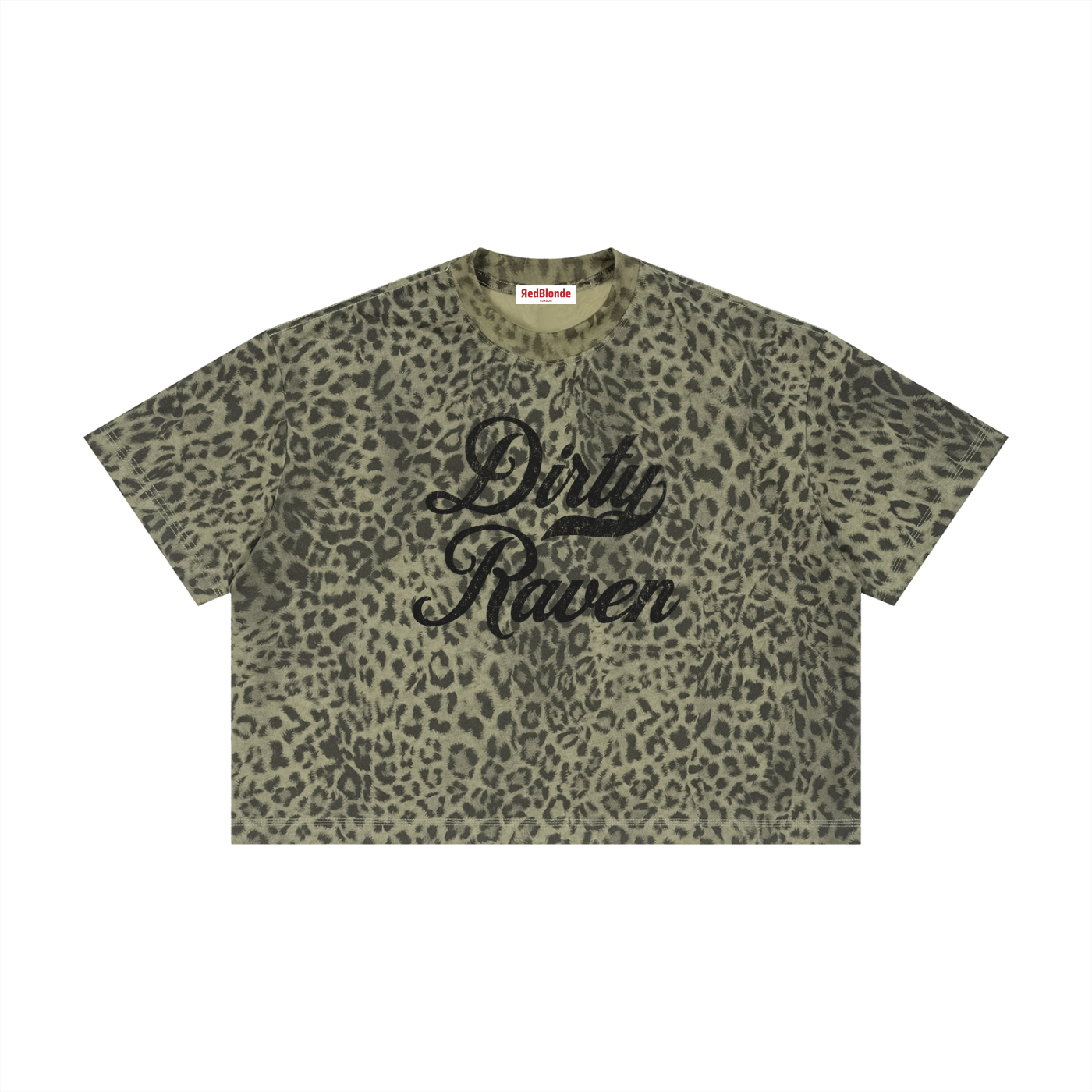 green boxy T-shirt with an all-over animal print, contrasting ribbed crew neckline, and faded black Dirty Raven Milkstore script graphic across the front.