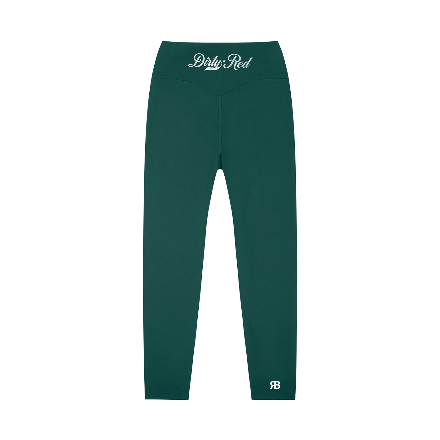 Green high-waisted leggings with Dirty Red Milkstore script logo on the back waistband and RB logo at the lower leg.