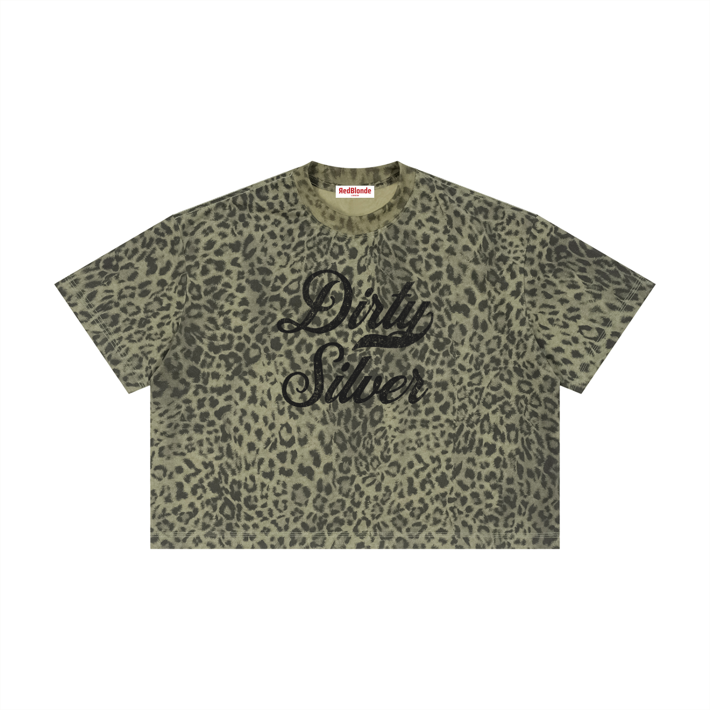 green boxy T-shirt with an all-over animal print, contrasting ribbed crew neckline, and faded black Dirty Silver Milkstore script graphic across the front.