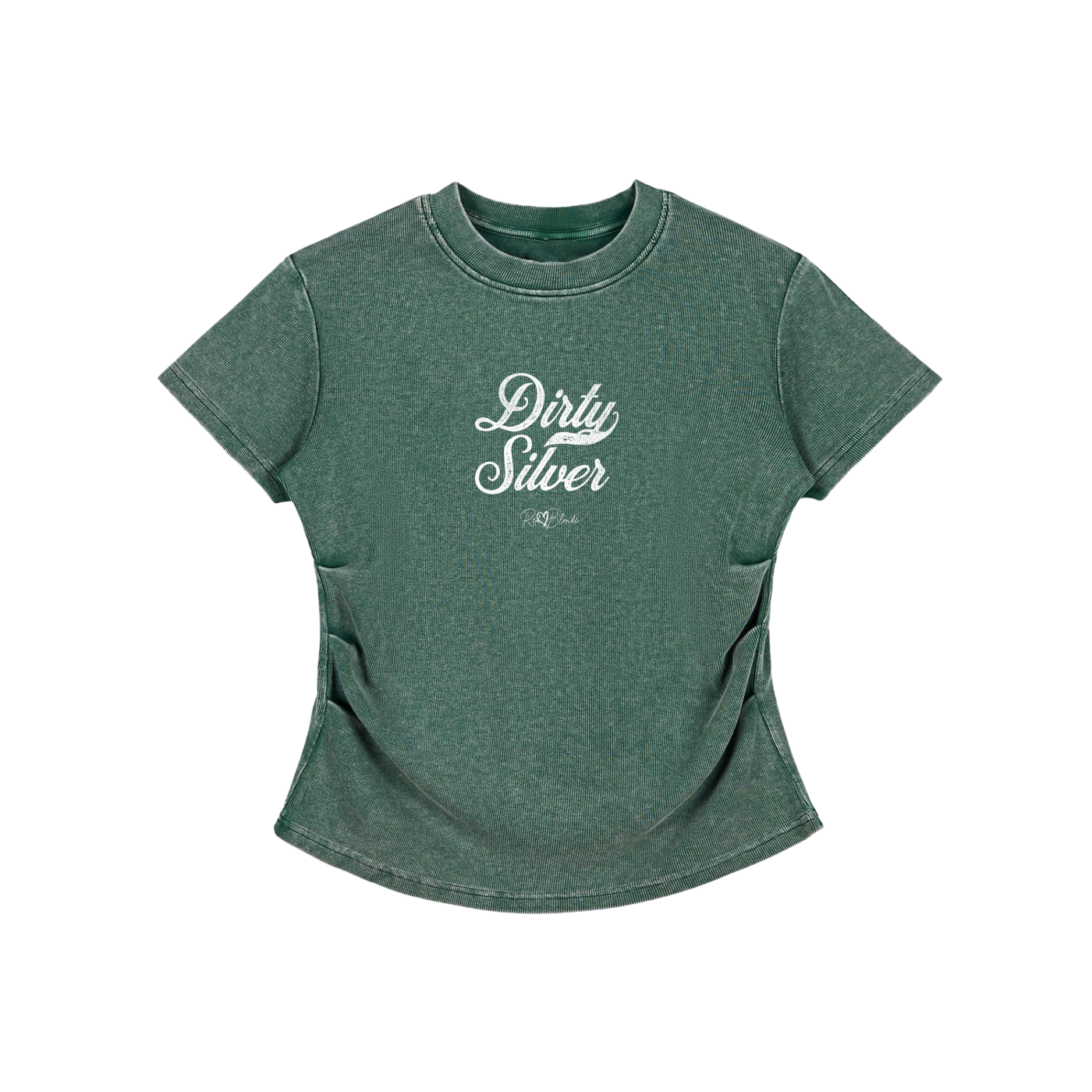A fitted, short-sleeve green crewneck T-shirt laid flat on a white background. It has subtle ruching/contouring at the sides and a slightly curved hem. white script text across the chest reads “Dirty Silver,” in Milkstore 01 script with a small cursive “RedBlonde” logo beneath.