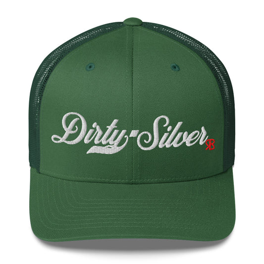 green trucker cap with 'Dirty Silver' in white milkstore font. Branded RB in Red