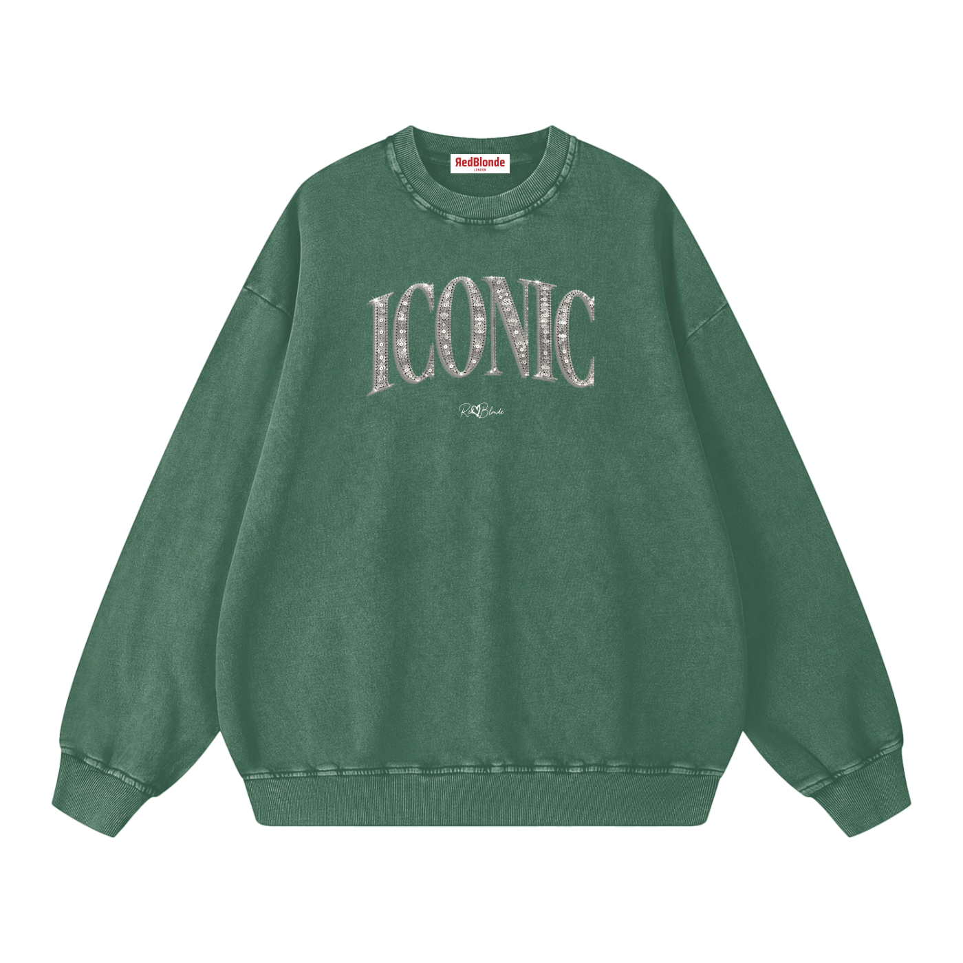 RedBlonde oversized acid-wash sweatshirt in sage green with diamanté-effect "ICONIC" graphic print on the chest and RedBlonde script logo beneath, crew neck, ribbed cuffs and hem