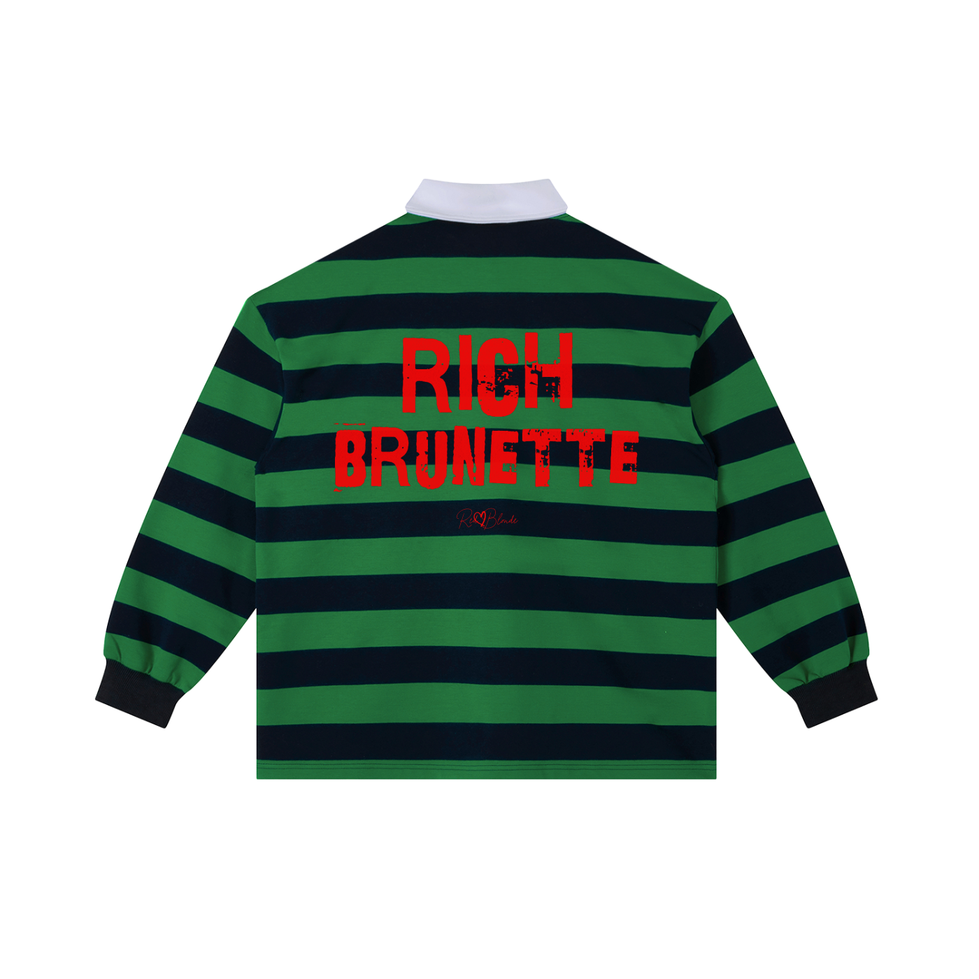An image showing the back of a long-sleeved rugby polo shirt featuring a pattern of alternating horizontal green and navy stripes. The center of the back displays the words "RICH BRUNETTE" in large, distressed Ed Gein red block lettering, with a smaller signature-style logo printed directly underneath. The shirt is finished with a solid white collar and matching white ribbed cuffs.