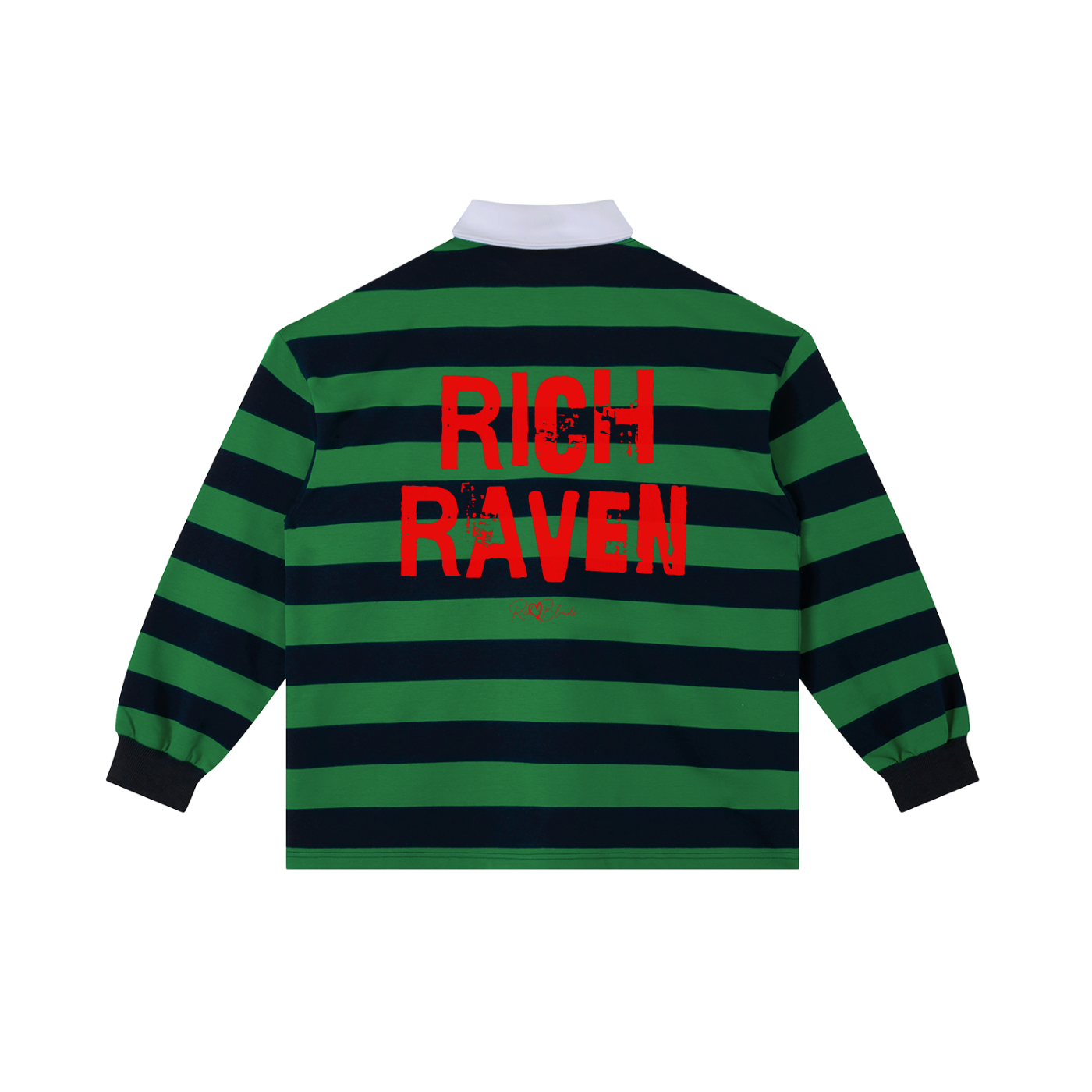 An image showing the back of a long-sleeved rugby polo shirt featuring a pattern of alternating horizontal green and navy stripes. The center of the back displays the words "RICH RAVEN" in large, distressed Ed Gein red block lettering, with a smaller signature-style logo printed directly underneath. The shirt is finished with a solid white collar and matching white ribbed cuffs.