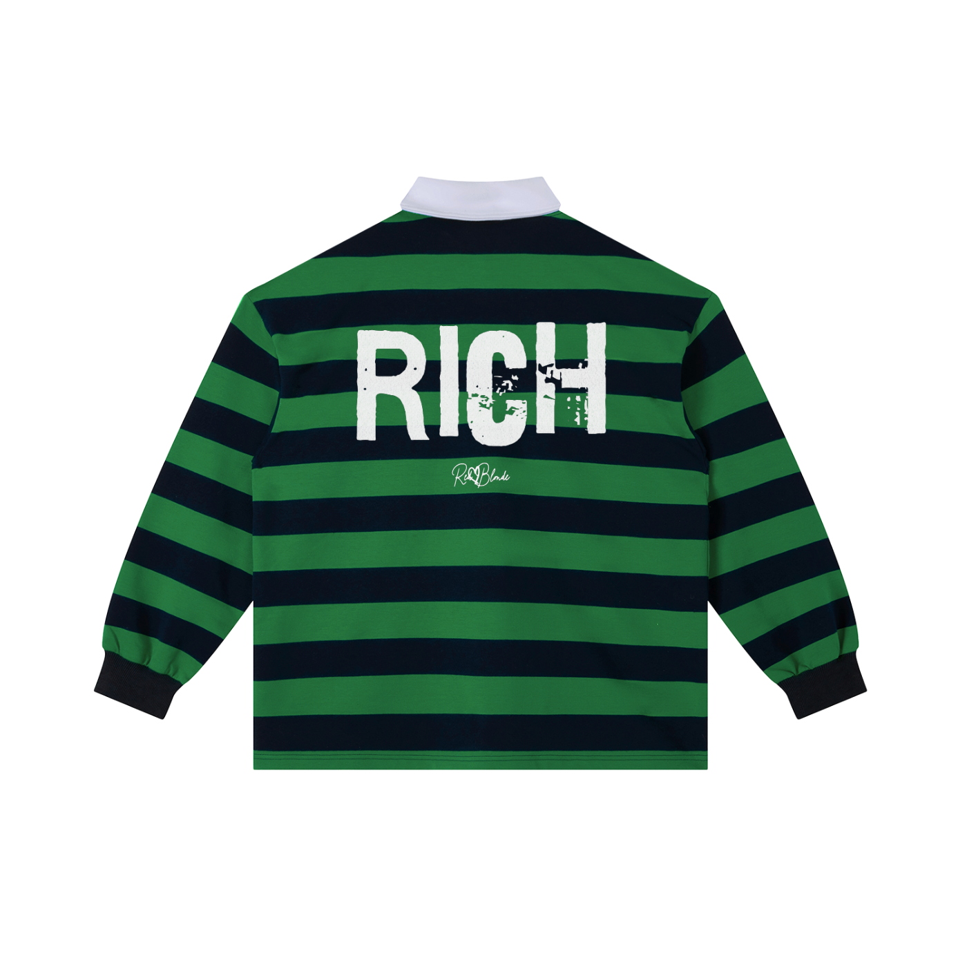Green and navy striped long-sleeve rugby shirt with a white collar, featuring a large white distressed “RICH” Ed Gein graphic and small RedBlonde logo printed across the back.