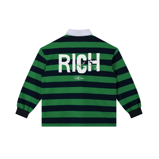Green and navy striped long-sleeve rugby shirt with a white collar, featuring a large white distressed “RICH” Ed Gein graphic and small RedBlonde logo printed across the back.