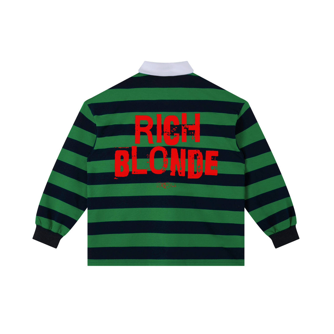 An image showing the back of a long-sleeved rugby polo shirt featuring a pattern of alternating horizontal green and navy stripes. The center of the back displays the words "RICH BLONDE" in large, distressed Ed Gein red block lettering, with a smaller signature-style logo printed directly underneath. The shirt is finished with a solid white collar and matching white ribbed cuffs.