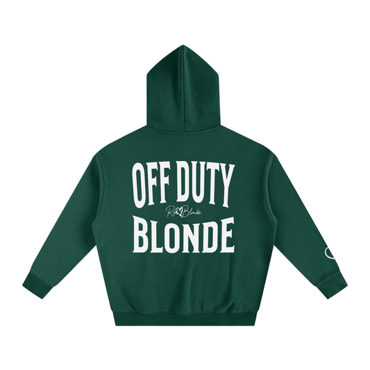 Forest green hoodie, back view, with large white ‘OFF DUTY BLONDE’ Brookfield text print and small RedBlonde  signature logo beneath.