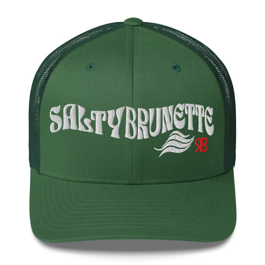 green trucker cap with 'Salty Brunette' in white Solino display font. Branded RB in red