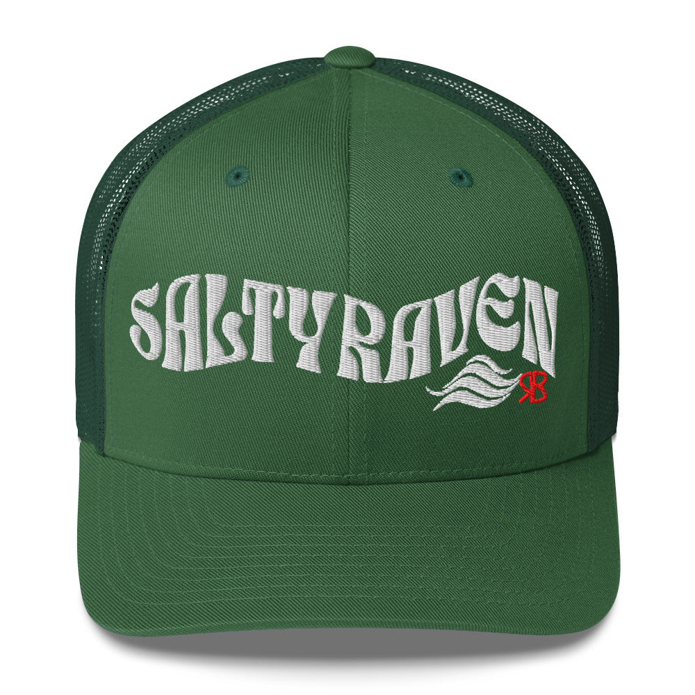 green trucker cap with 'Salty Raven' in white Solino display font. Branded RB in red