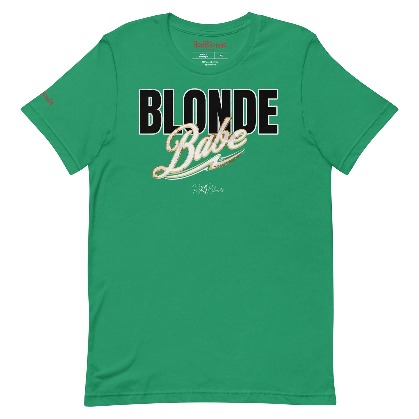Every green unisex T-shirt with bold black and gold vintage lettering that reads ‘Blonde Babe’ across the chest, in Anton text for 'babe' and Milkstore 01 script for  ‘Babe’ with a swoosh underline and the RedBlonde signature logo beneath. Branded Redblonde on inside neck and right sleeve