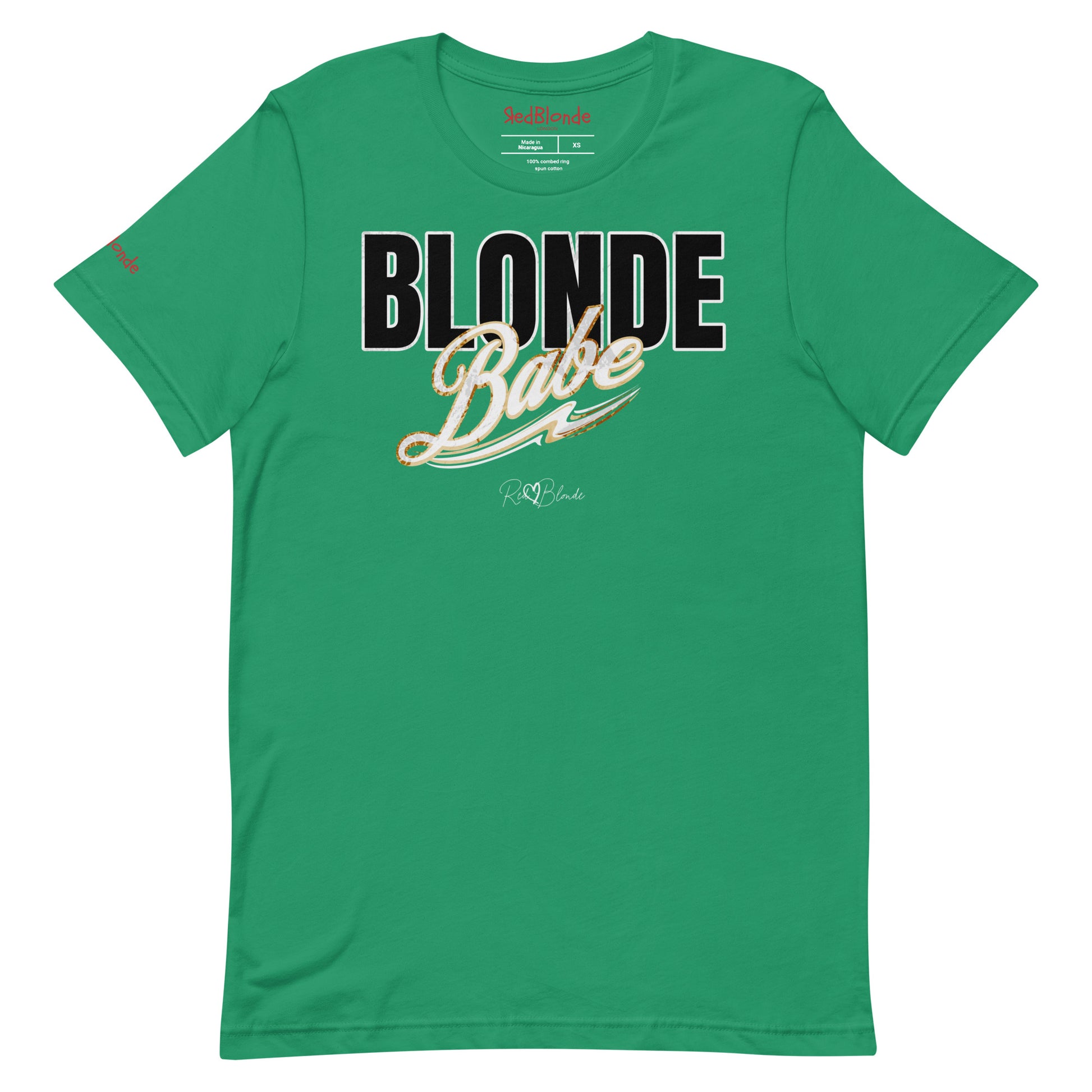 Every green unisex T-shirt with bold black and gold vintage lettering that reads ‘Blonde Babe’ across the chest, in Anton text for 'babe' and Milkstore 01 script for  ‘Babe’ with a swoosh underline and the RedBlonde signature logo beneath. Branded Redblonde on inside neck and right sleeve