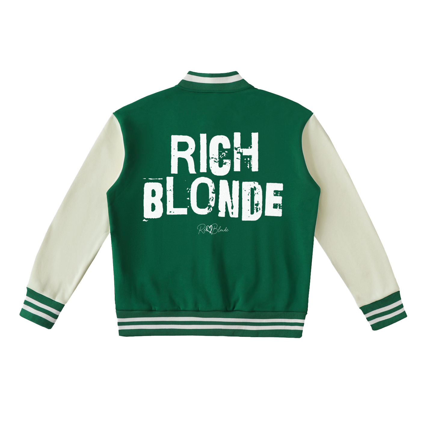 green & white varsity-style jacket with cream sleeves and striped ribbed trims. The back features large white text reading “RICH BLONDE” in Ed Gein font with a small RedBlonde signature logo in the centre between the words