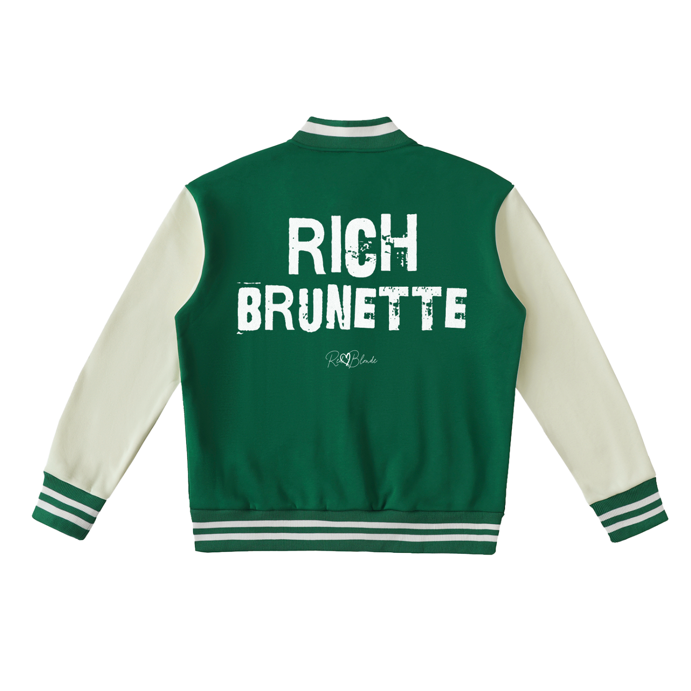 green & white varsity-style jacket with cream sleeves and striped ribbed trims. The back features large white text reading “RICH BRUNETTE” in Ed Gein font with a small RedBlonde signature logo in the centre between the words