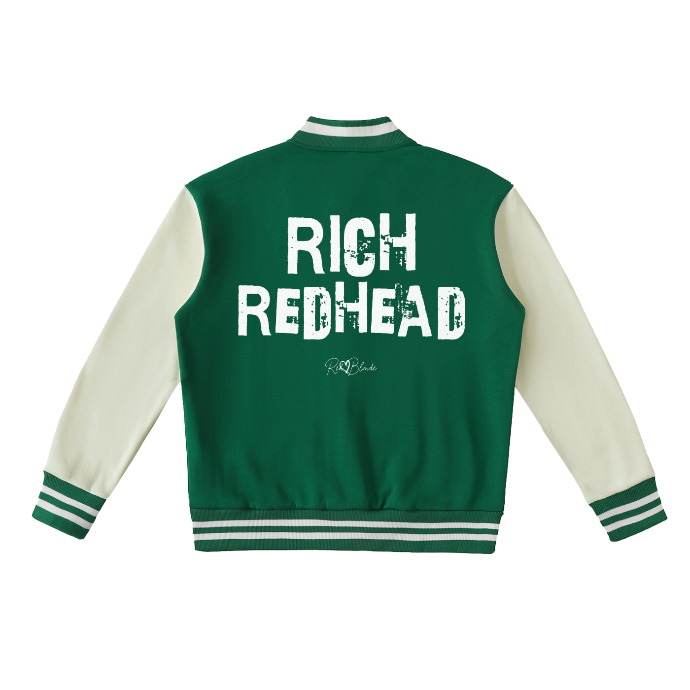 green & white varsity-style jacket with cream sleeves and striped ribbed trims. The back features large white text reading “RICH REDHEAD” in Ed Gein font with a small RedBlonde signature logo in the centre between the words