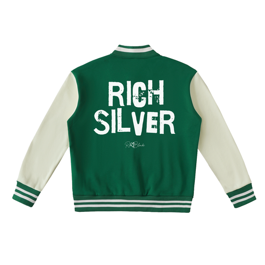green & white varsity-style jacket with cream sleeves and striped ribbed trims. The back features large white text reading “RICH SILVER” in Ed Gein font with a small RedBlonde signature logo in the centre between the words