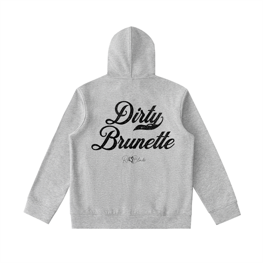 Back view of a grey hoodie with bold white Milkstore vintage-style script text “Dirty Brunette” across the back and a subtle RedBlonde signature logo underneath