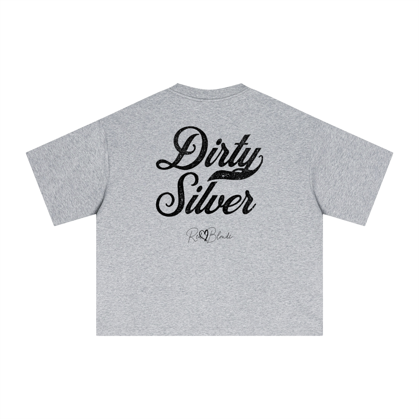 Back view of a grey boxy oversized unisex T-shirt with bold black Milkstore 01 vintage-style script reading “Dirty Silver” and the RedBlonde signature logo beneath