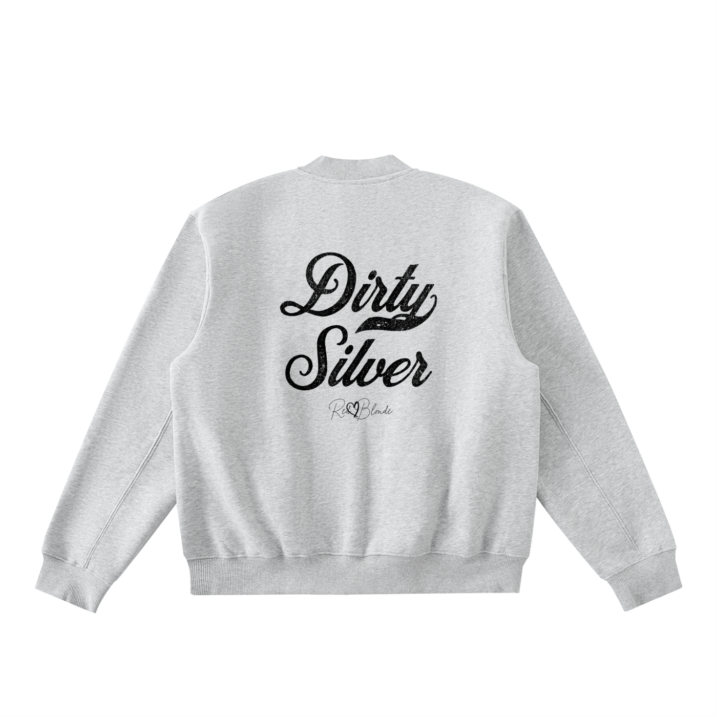 The back of a grey crew neck zip up varsity jacket  laid flat on a white background. It has ribbed cuffs, collar, and hem. Large black Milkstore 01 script text across the back reads “Dirty Silver,” with a small cursive RedBlonde logo beneath.