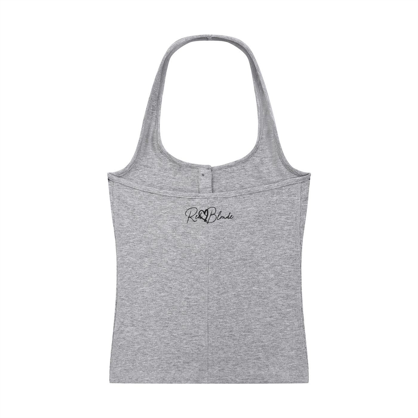 Grey ribbed henley tank top with a fitted silhouette and small black RedBlonde logo printed at the upper back.
