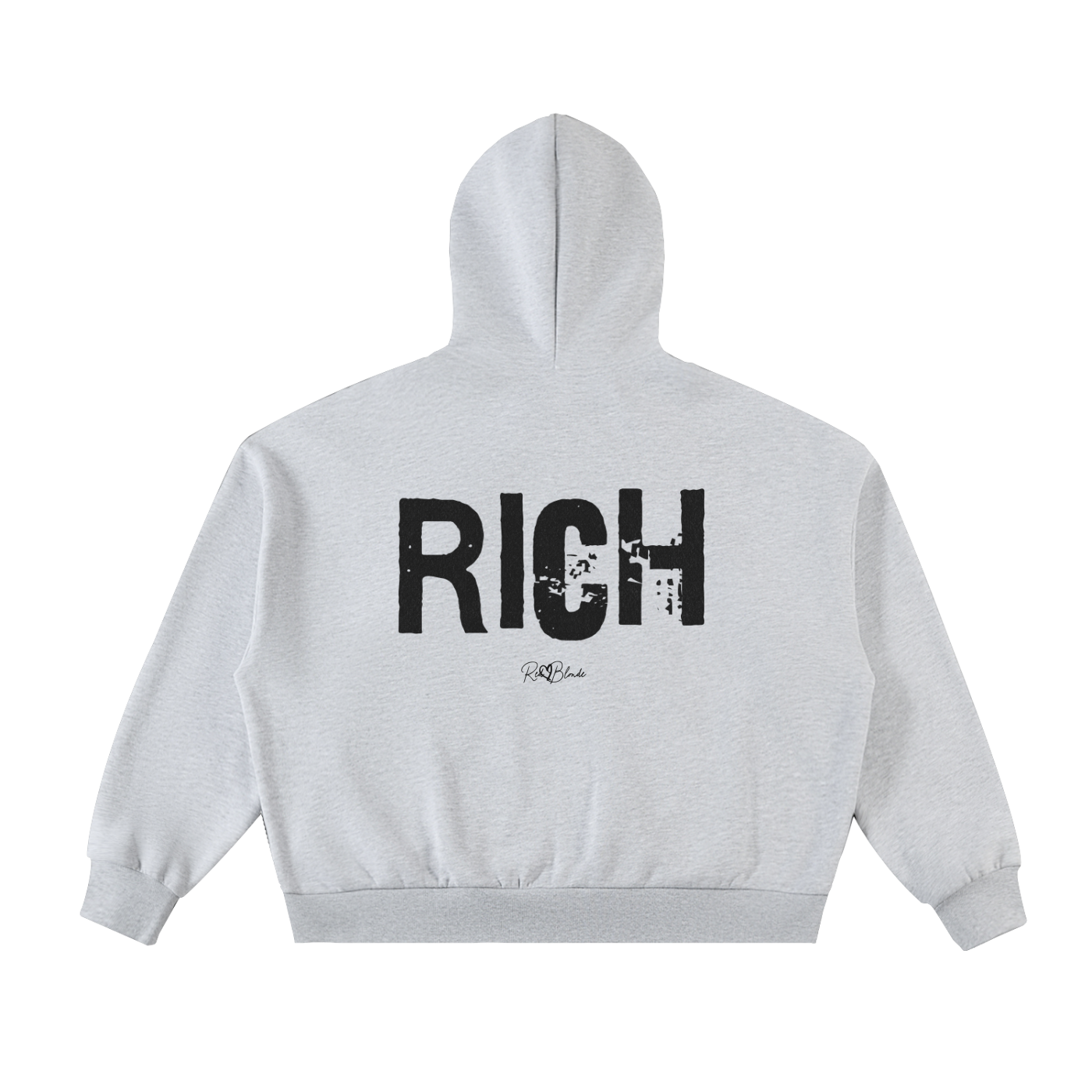 grey oversized hoodie with a large black distressed “RICH” in Ed Gein graphic across the back and a small RedBlonde logo underneath.