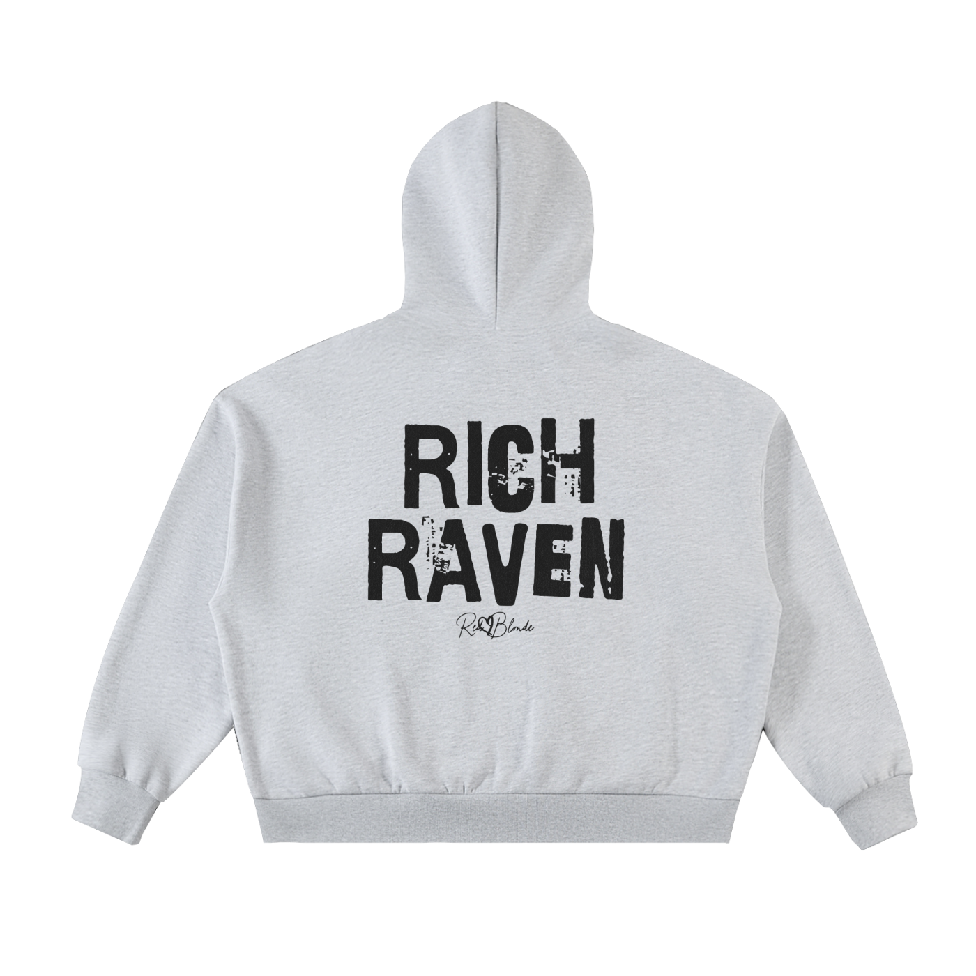 grey hem to hood zip-up hoodie with cropped oversized fit and ribbed cuffs/hem, featuring large distressed black “RICH RAVEN” Ed Gein text across the back with a small “RedBlonde” script logo beneath.