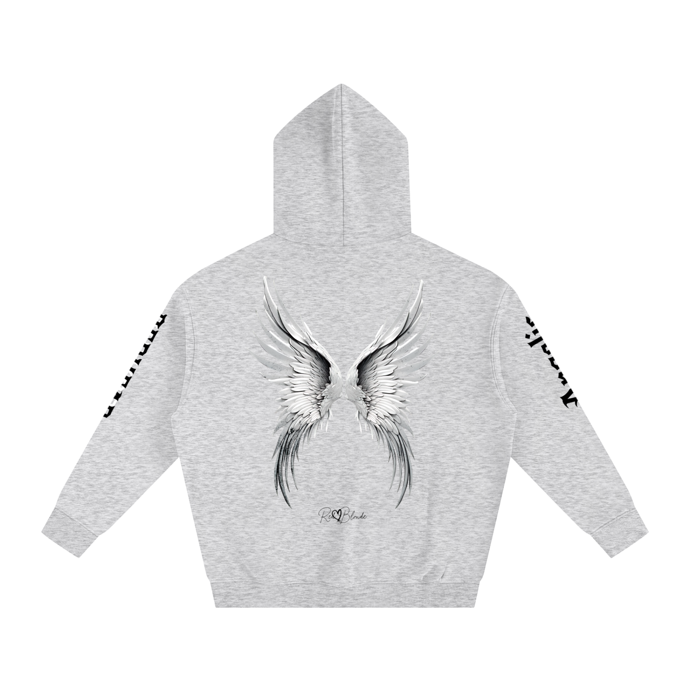 Back view of a grey hoodie featuring large silver angel wings printed across the back, with black RedBlonde signature logo underneath. Each sleeve features gothic New Rockstar font graphic text  one sleeve says 'Angelic' and the other 'Redhead' 