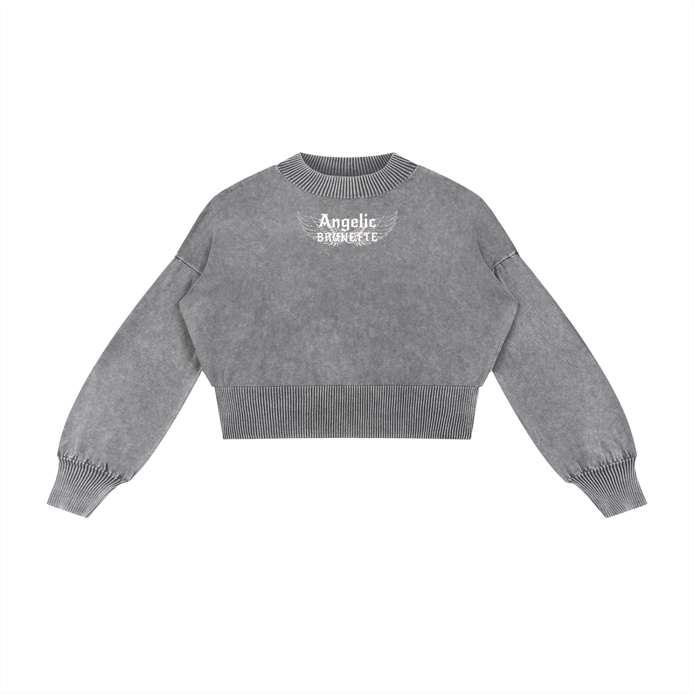 grey mineral-wash cropped sweater with balloon sleeves, ribbed collar/cuffs/waistband, and a white “Angelic Brunette” wing graphic on the chest, shown on a white background.