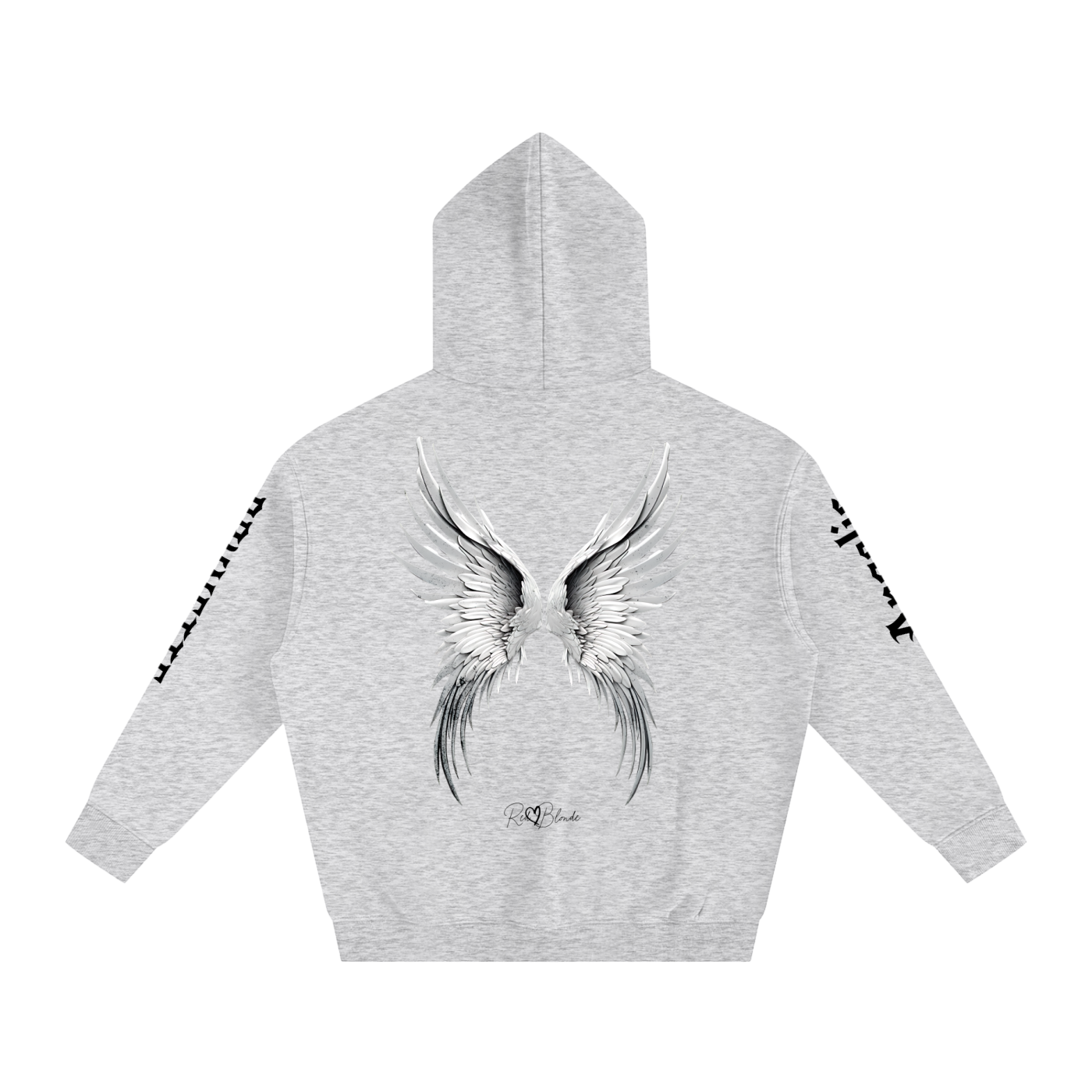 Back view of a grey hoodie featuring large silver angel wings printed across the back, with white RedBlonde signature logo underneath. Each sleeve features gothic New Rockstar font graphic text  one sleeve says 'Angelic' and the other 'Brunette' 