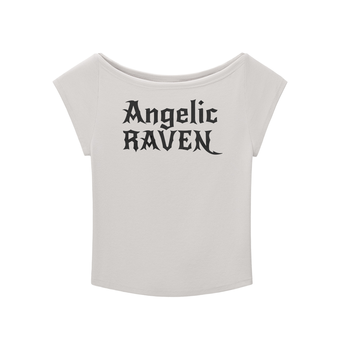 grey wide-neck t-shirt with white gothic New Rockstar text reading “Angelic Raven” across the chest.