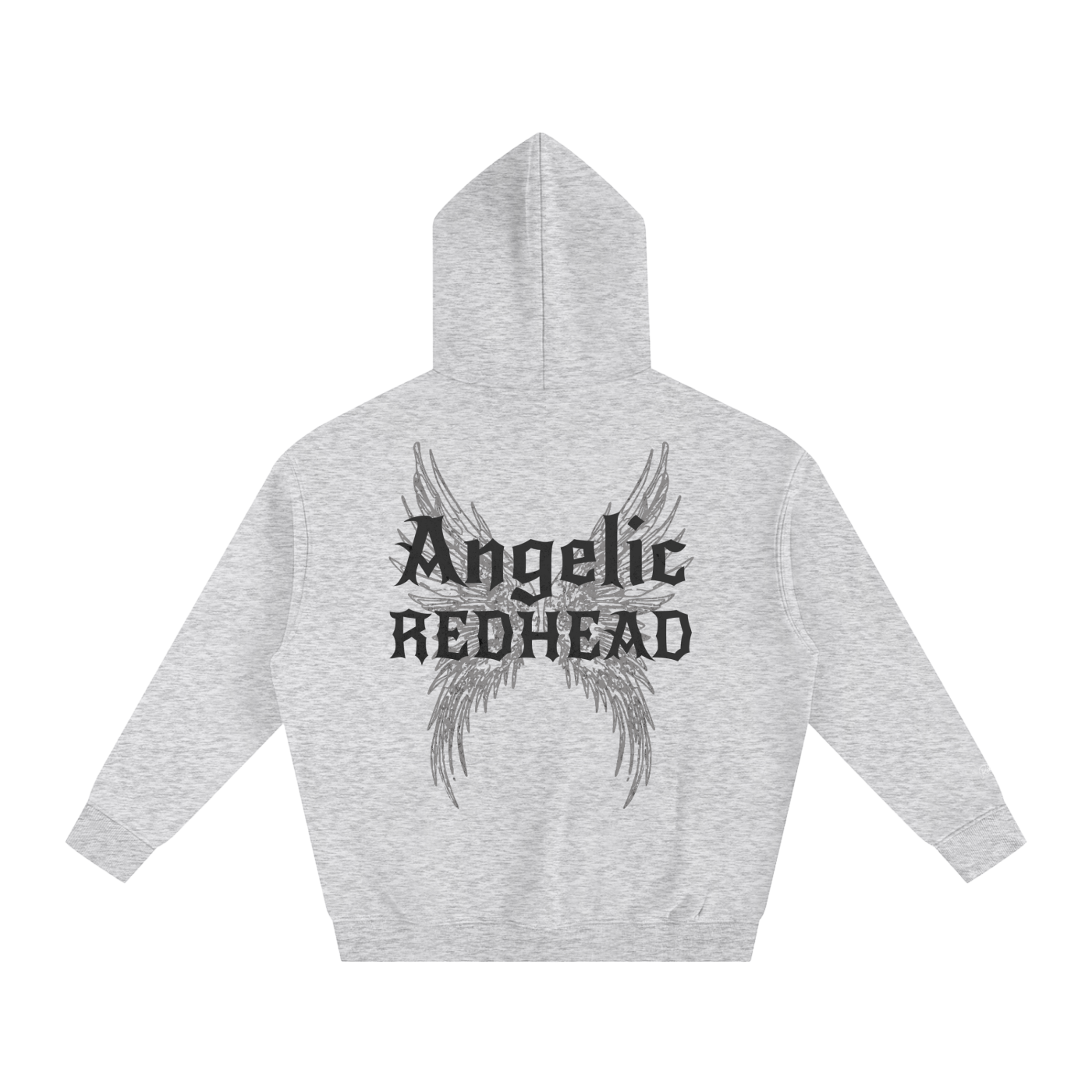 grey oversized fleeced hoodie with a back print featuring white gothic “Angelic Redhead” text layered over large angel wing artwork.