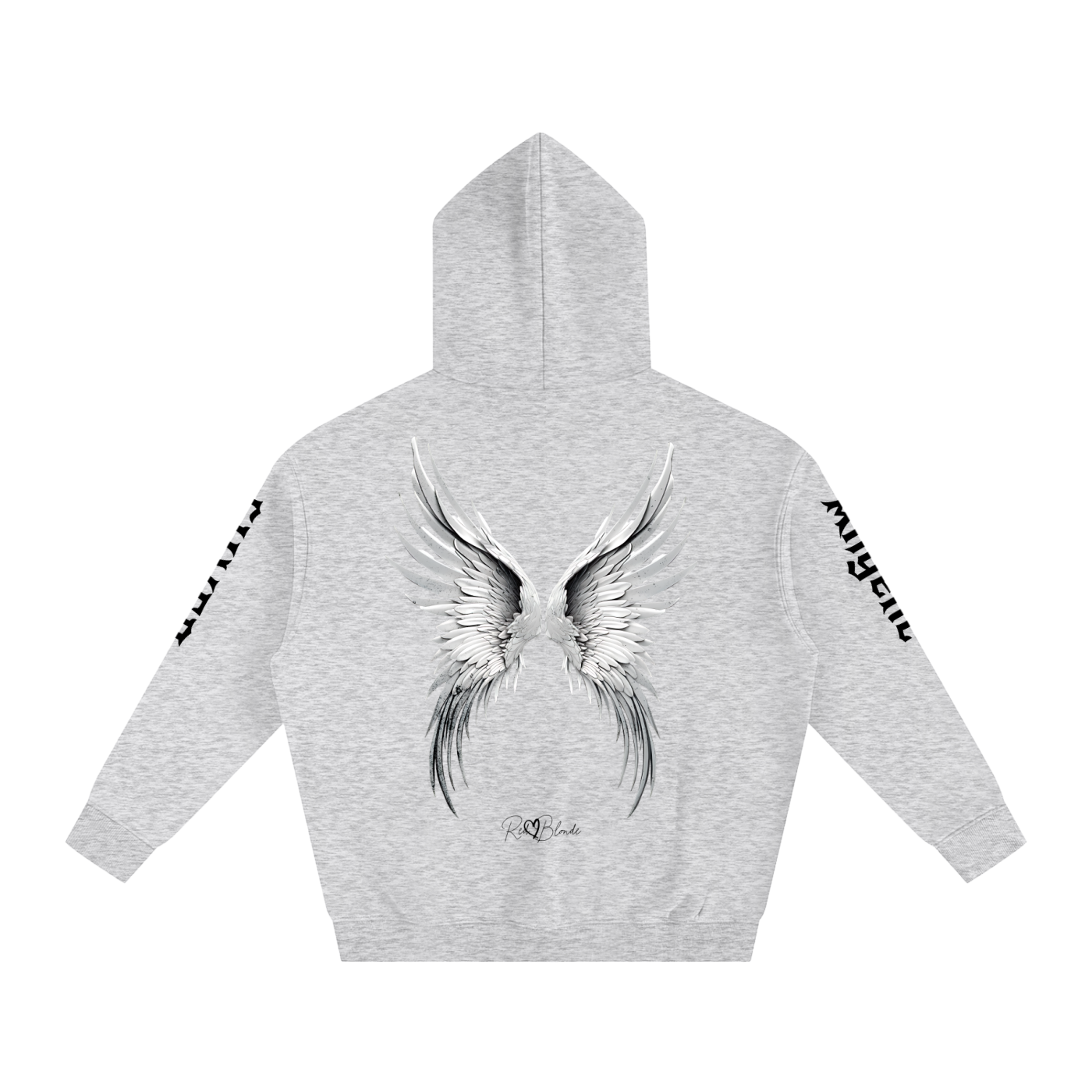 Back view of a grey hoodie featuring large silver angel wings printed across the back, with black RedBlonde signature logo underneath. Each sleeve features gothic New Rockstar font graphic text  one sleeve says 'Angelic' and the other 'Silver' 