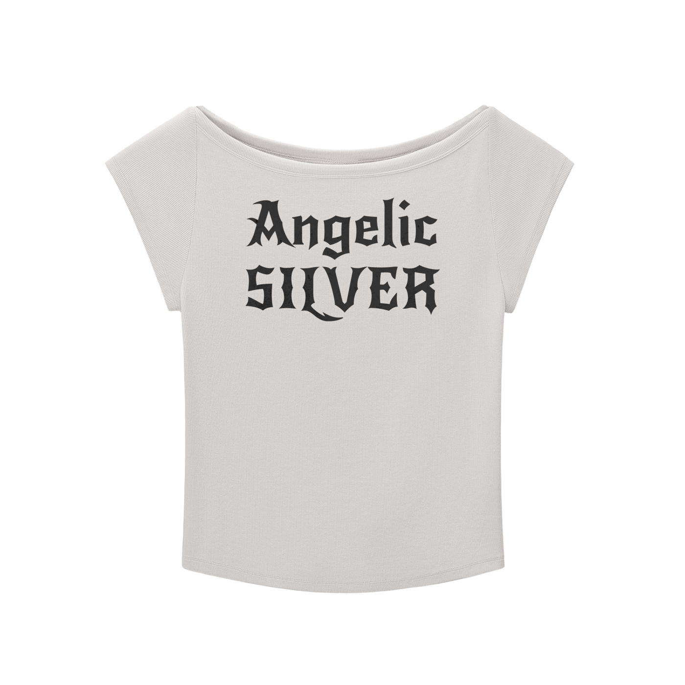 Grey wide-neck t-shirt with white gothic New Rockstar text reading “Angelic Silver” across the chest.