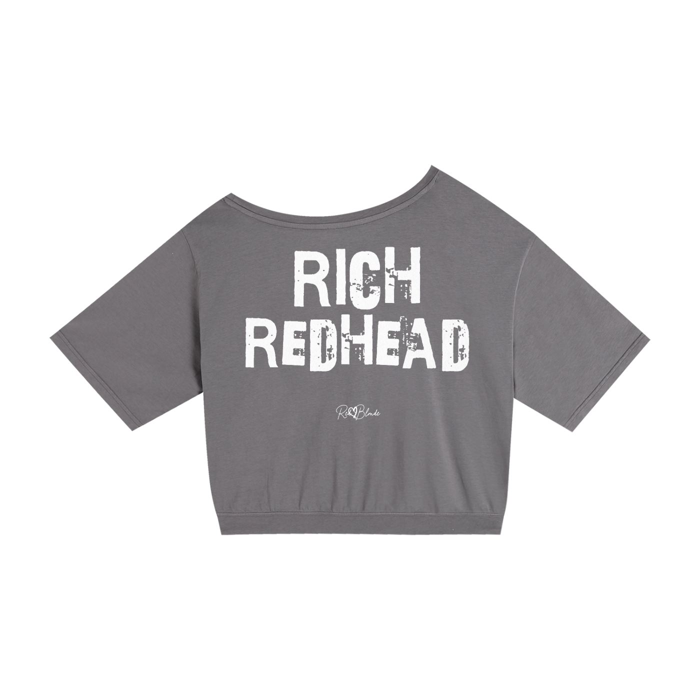 grey asymmetrical shoulder t-shirt with bold white Ed Gein font “RICH REDHEAD" slogan on the front and RedBlonde logo beneath.