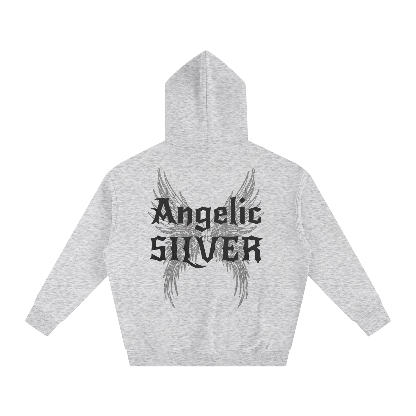 grey oversized fleeced hoodie with a back print featuring white gothic “Angelic Silver” text layered over large angel wing artwork.