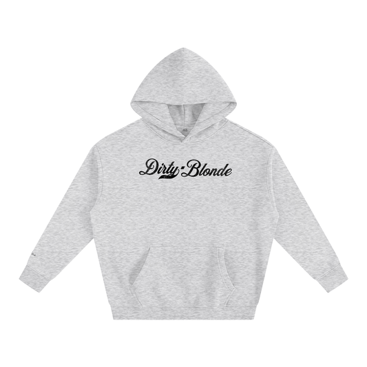 A grey pullover hoodie laid flat on a white background. It has a kangaroo front pocket and ribbed cuffs and hem. Across the chest is black Milkstore 01 script text reading “Dirty Blonde.”