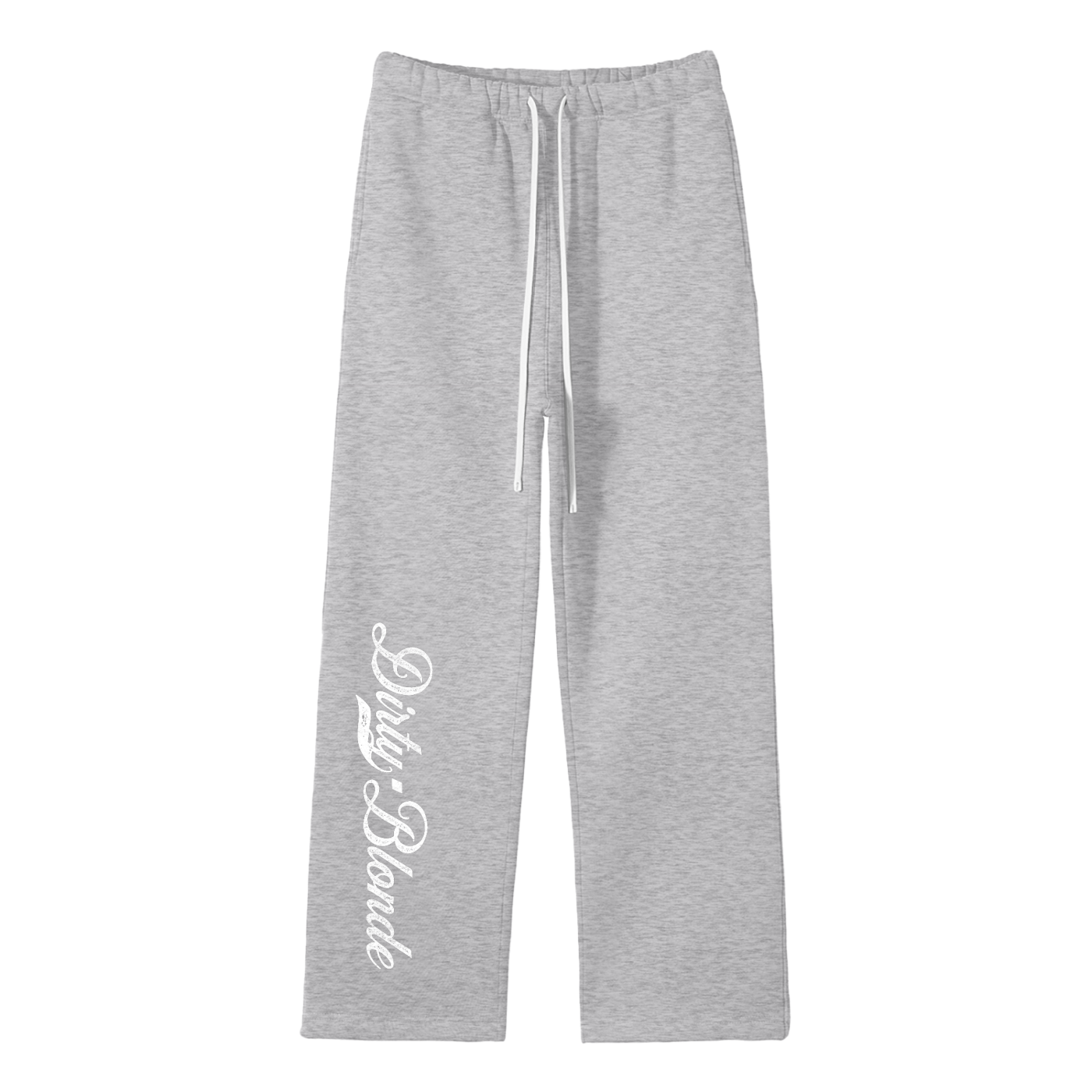 Grey relaxed-fit straight joggers with white drawstrings and vintage-style “Dirty Blonde” milkstore script printed vertically down the leg — bold, effortless and unmistakably RedBlonde.