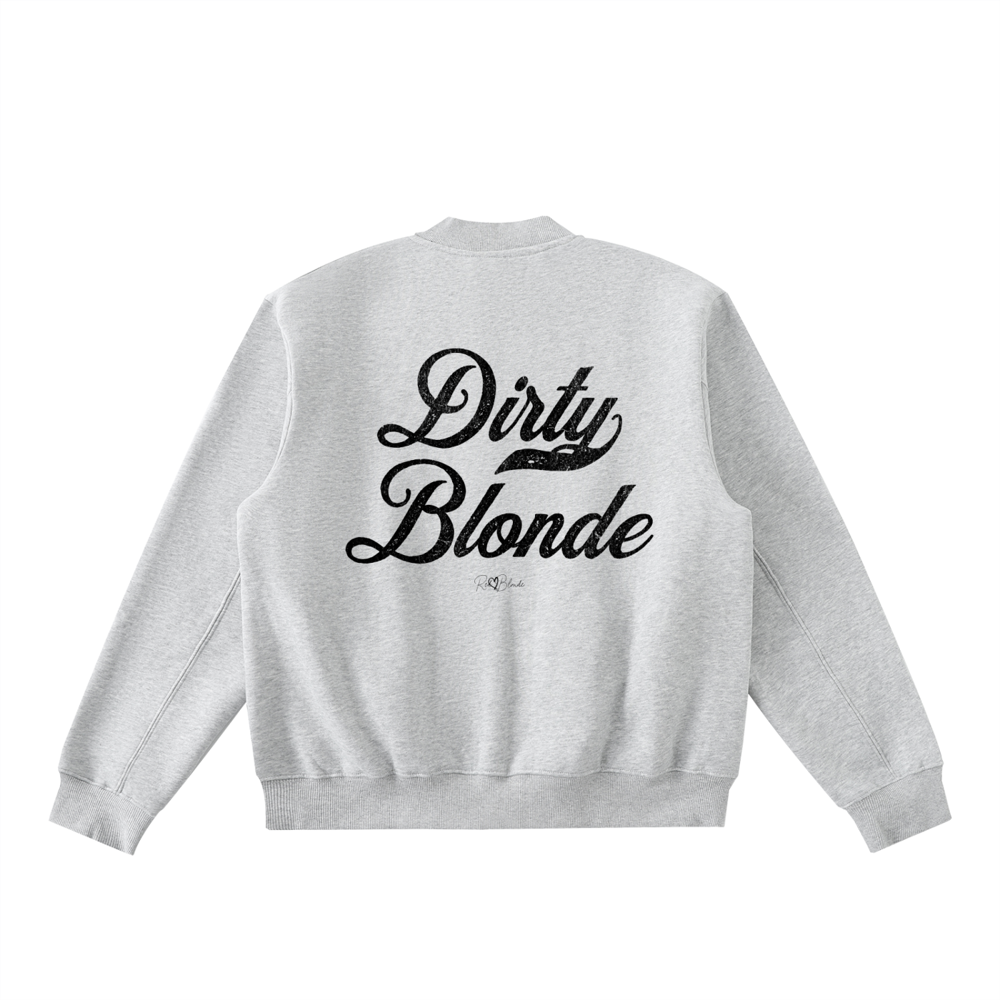 The back of a gray crewneck zip up varsity jacket  laid flat on a white background. It has ribbed cuffs, collar, and hem. Large black Milkstore 01 script text across the back reads “Dirty Blonde,” with a small cursive RedBlonde logo beneath.