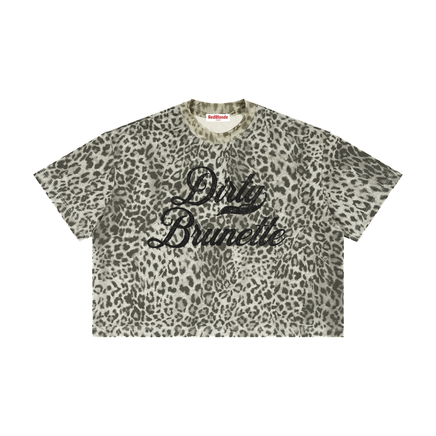 grey boxy T-shirt with an all-over animal print, contrasting ribbed crew neckline, and faded black Dirty Brunette Milkstore script graphic across the front.